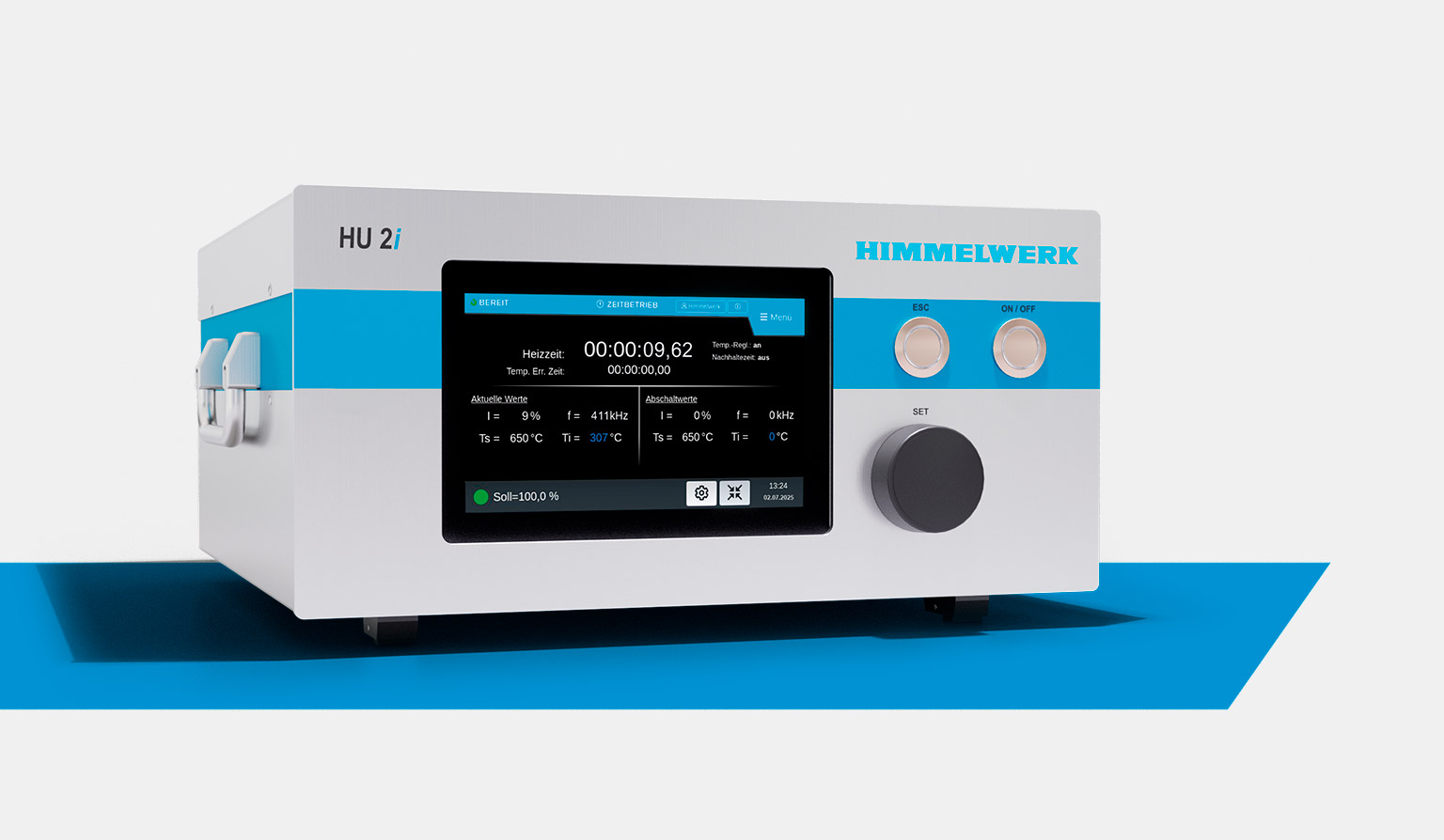 HU 2000+ table top induction converter. a polished metal box with blue accents, buttons and an interface display